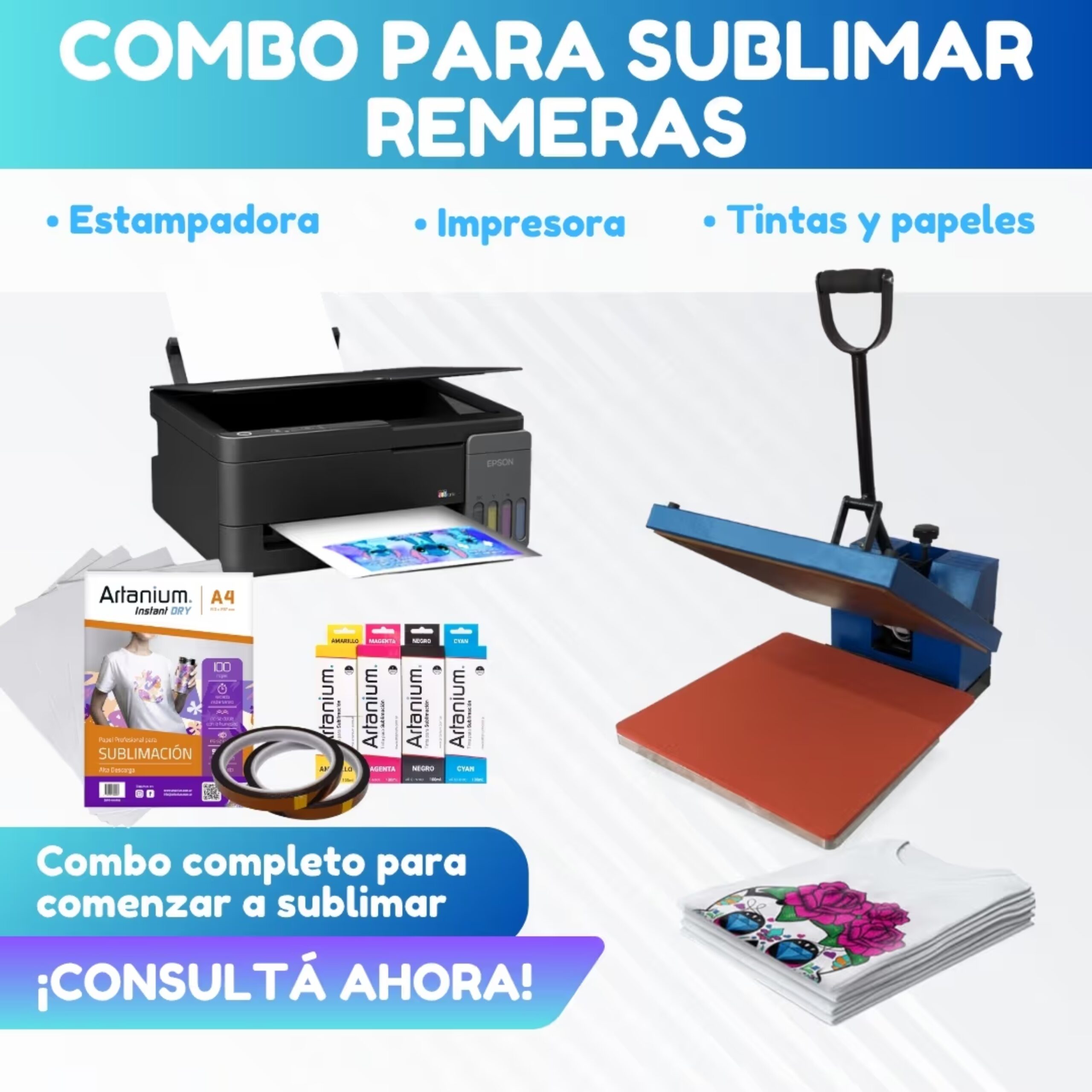 Combo REMERAS Estampadora Plana de 38x38 + Impresora Epson + Tintas + Papel + Cinta Térmica1 Combo REMERAS: Estampadora Plana de 38x38 + Impresora Epson + Tintas + Papel + Cinta Térmica - Imagen 1