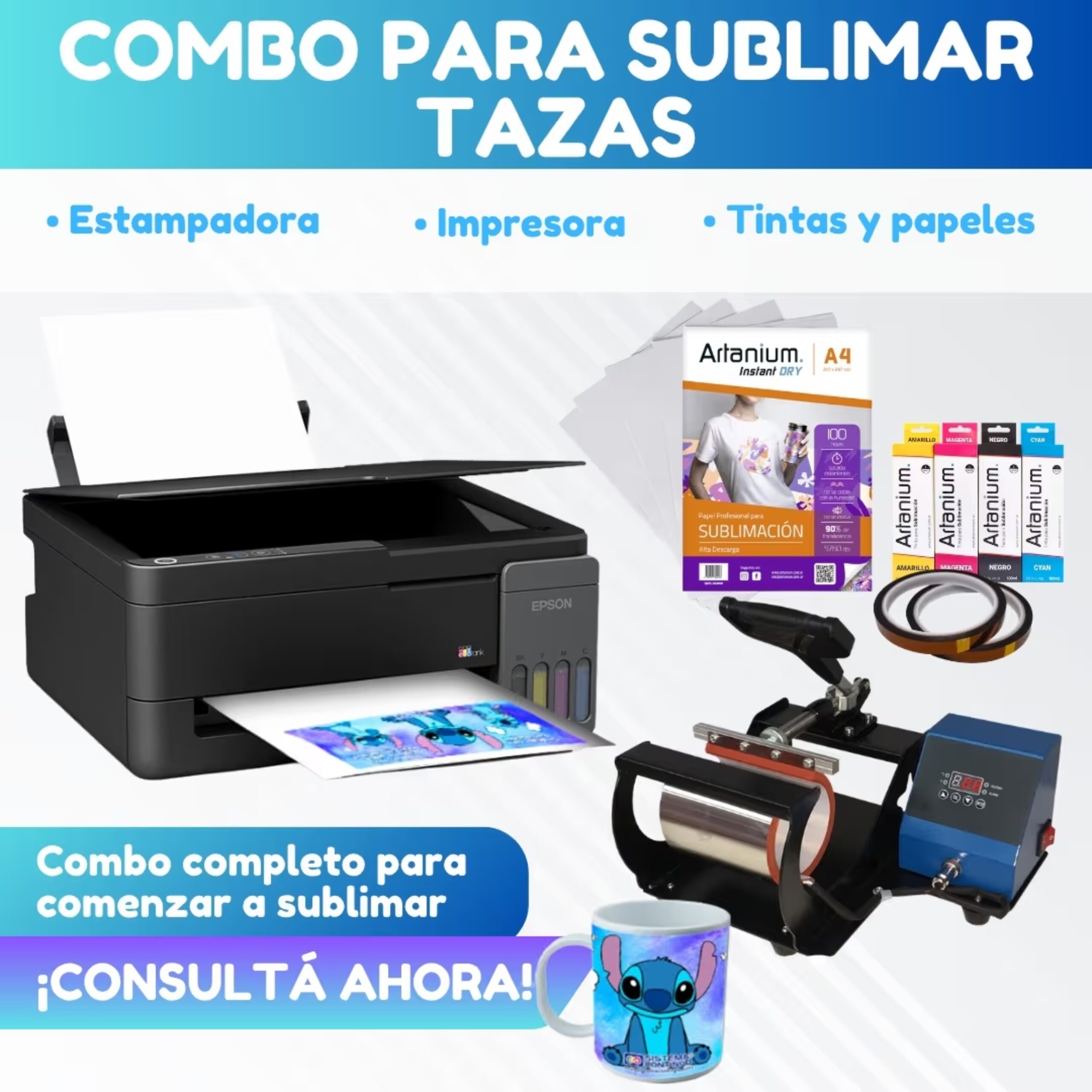 Combo TAZAS Estampadora de Tazas + Impresora Epson + Tintas + Papel + Cinta Térmica Combo TAZAS: Estampadora de Tazas + Impresora Epson + Tintas + Papel + Cinta Térmica - Imagen 1